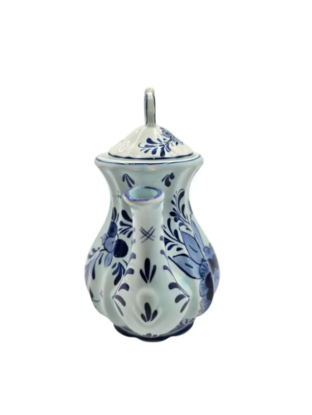 Hand-Painted Delft Blue Ceramic Teapot Lid Floral Design Holland Vintage Decor